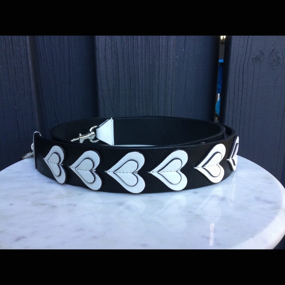 Unreleased Rebecca Minkoff Black Leather Guitar Strap w/ White Heart Appliqué